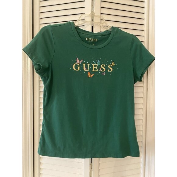 Guess Green T-Shirt Cap Sleeve with Gold Bling Logo Size XL Butterfly - Picture 1 of 7